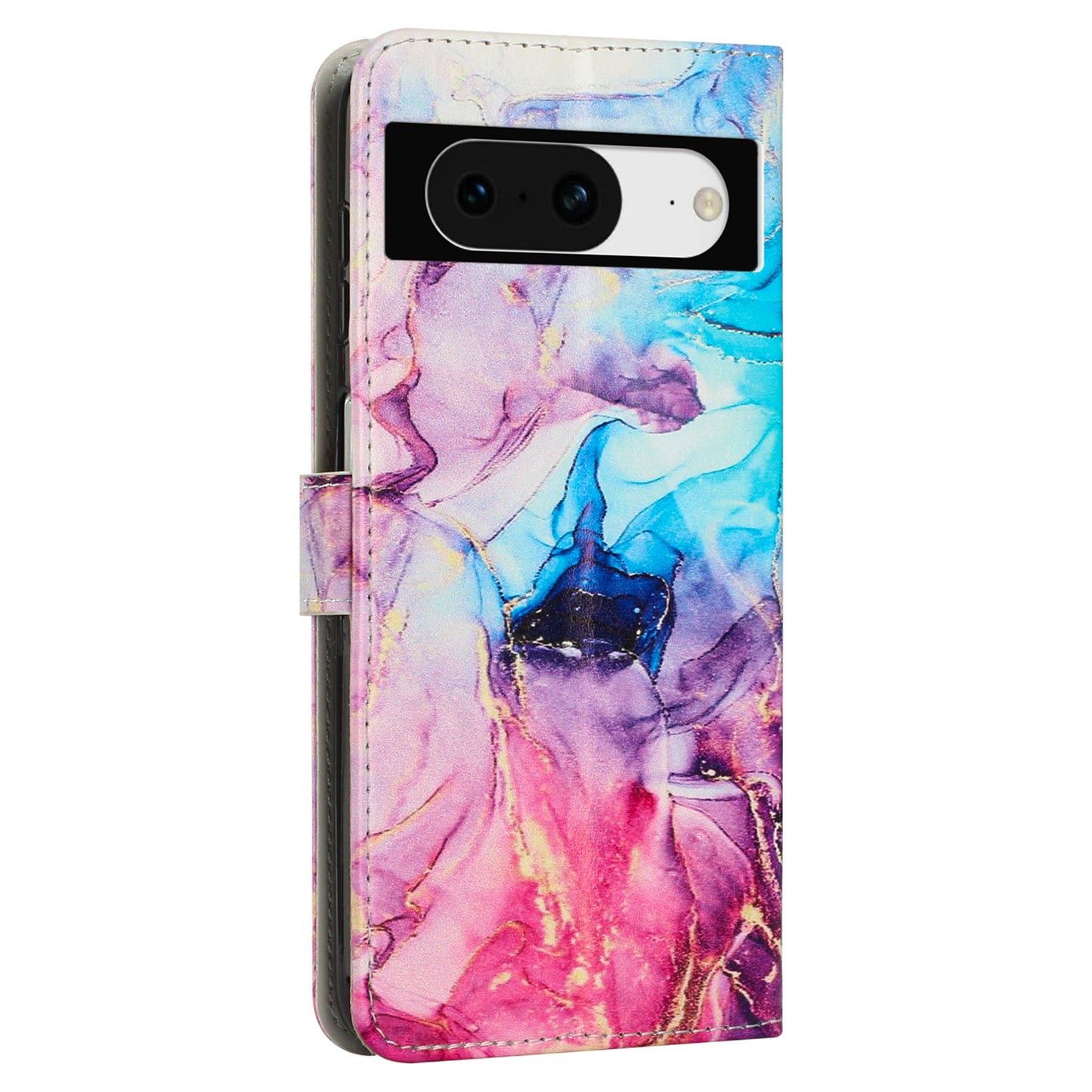 For Google Pixel 8 Mobile Phone PU Leather Case Marble Pattern Wallet Stand Cover with Wrist Strap