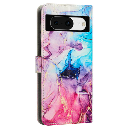 For Google Pixel 8 Mobile Phone PU Leather Case Marble Pattern Wallet Stand Cover with Wrist Strap