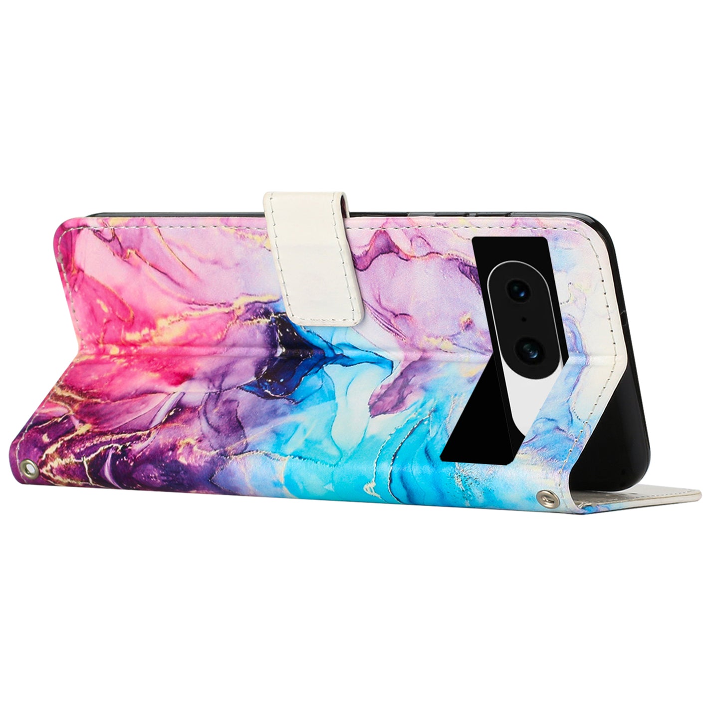 For Google Pixel 8 Mobile Phone PU Leather Case Marble Pattern Wallet Stand Cover with Wrist Strap