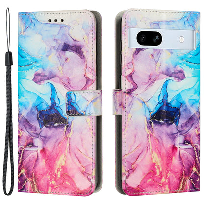 PU Leather Cellphone Case for Google Pixel 7a Marble Pattern Wallet Stand Cover with Wrist Strap