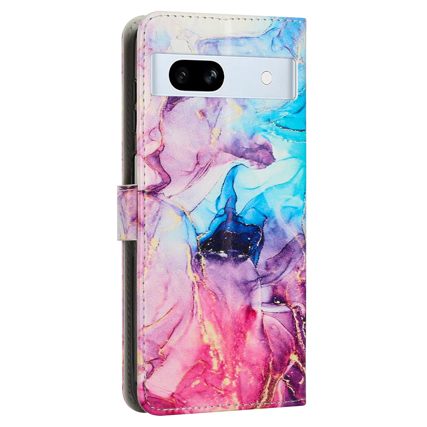 PU Leather Cellphone Case for Google Pixel 7a Marble Pattern Wallet Stand Cover with Wrist Strap