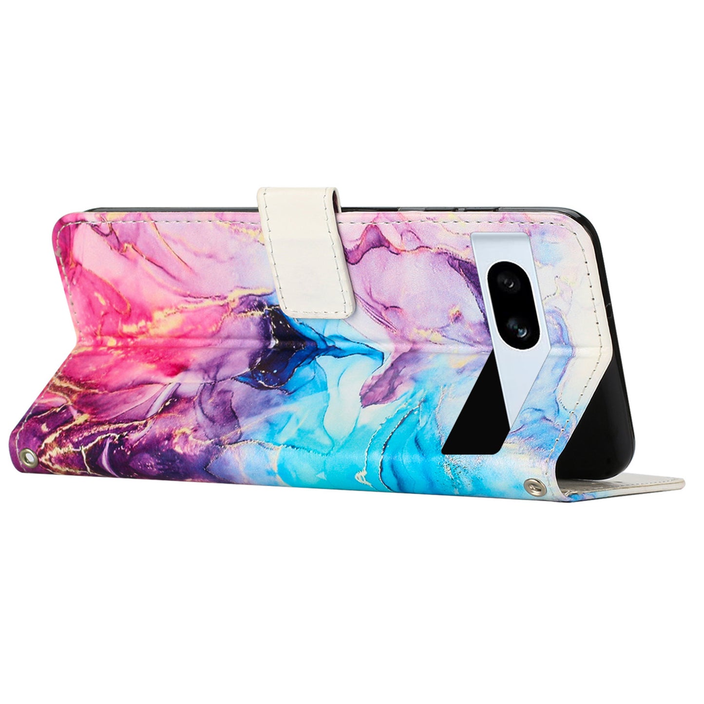 PU Leather Cellphone Case for Google Pixel 7a Marble Pattern Wallet Stand Cover with Wrist Strap