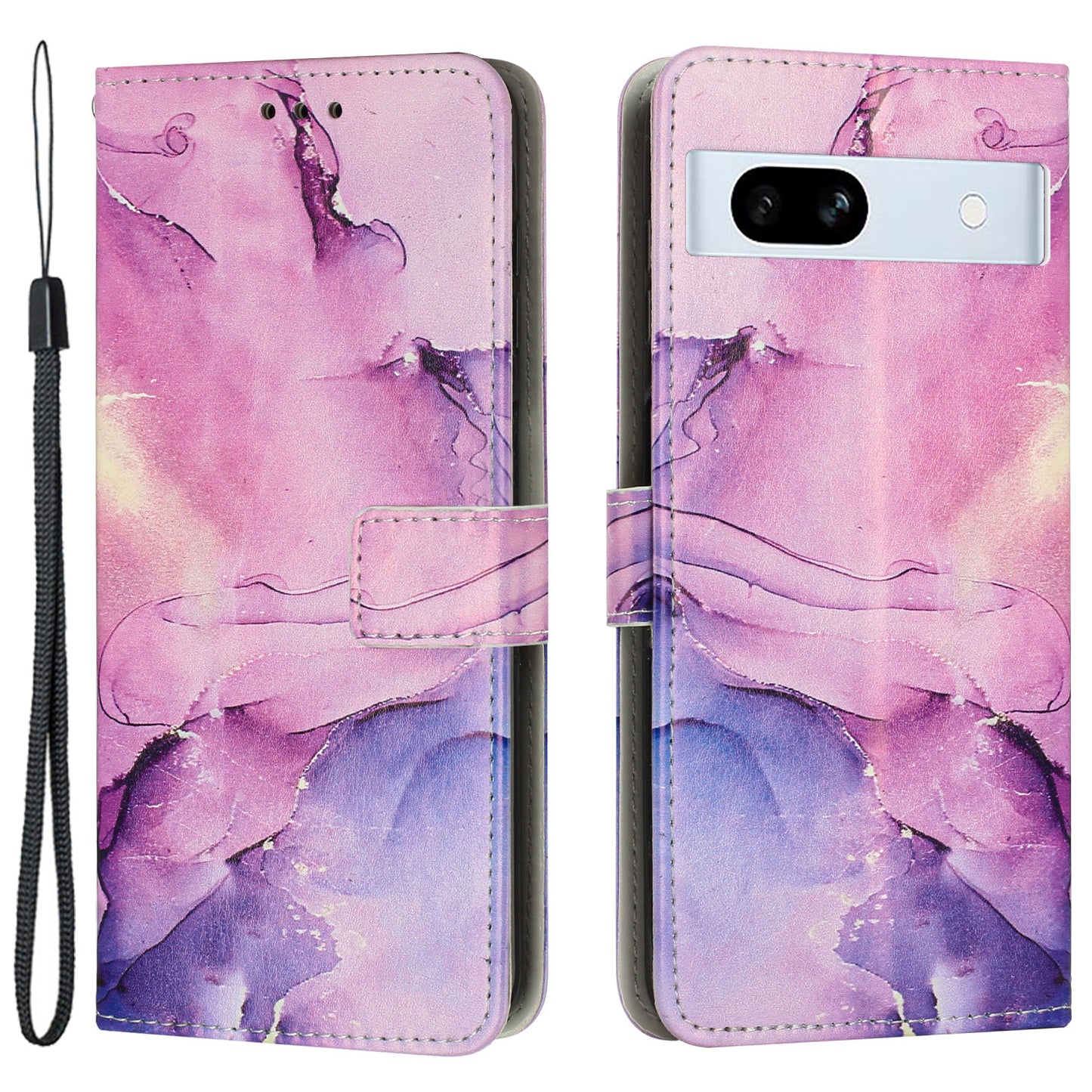 PU Leather Cellphone Case for Google Pixel 7a Marble Pattern Wallet Stand Cover with Wrist Strap