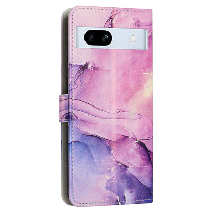 PU Leather Cellphone Case for Google Pixel 7a Marble Pattern Wallet Stand Cover with Wrist Strap