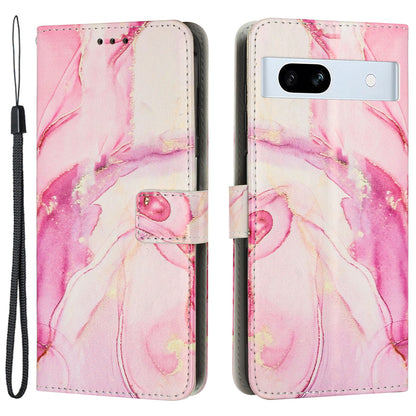 PU Leather Cellphone Case for Google Pixel 7a Marble Pattern Wallet Stand Cover with Wrist Strap
