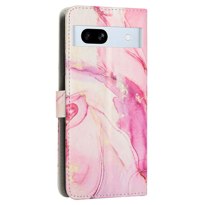 PU Leather Cellphone Case for Google Pixel 7a Marble Pattern Wallet Stand Cover with Wrist Strap