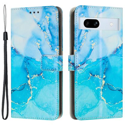PU Leather Cellphone Case for Google Pixel 7a Marble Pattern Wallet Stand Cover with Wrist Strap