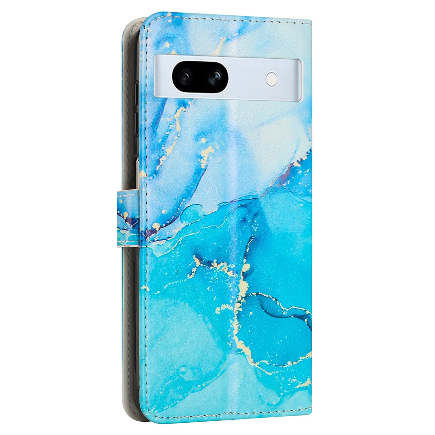 PU Leather Cellphone Case for Google Pixel 7a Marble Pattern Wallet Stand Cover with Wrist Strap
