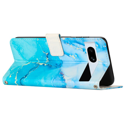 PU Leather Cellphone Case for Google Pixel 7a Marble Pattern Wallet Stand Cover with Wrist Strap