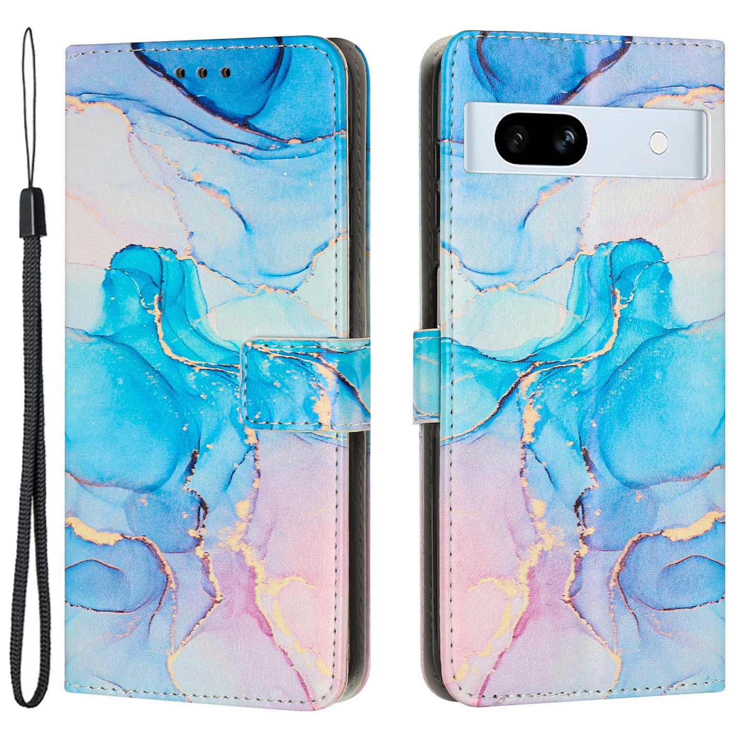 PU Leather Cellphone Case for Google Pixel 7a Marble Pattern Wallet Stand Cover with Wrist Strap