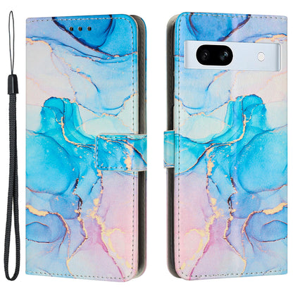 PU Leather Cellphone Case for Google Pixel 7a Marble Pattern Wallet Stand Cover with Wrist Strap