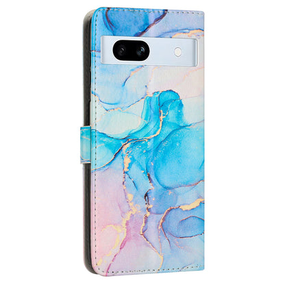PU Leather Cellphone Case for Google Pixel 7a Marble Pattern Wallet Stand Cover with Wrist Strap