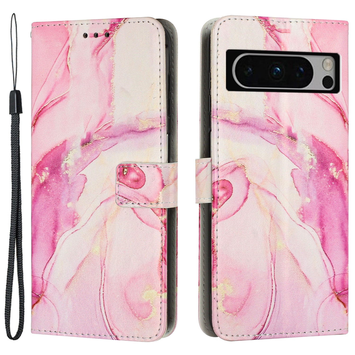 For Google Pixel 8 Pro Marble Pattern Mobile Phone PU Leather Case Wallet Stand Cover with Wrist Strap