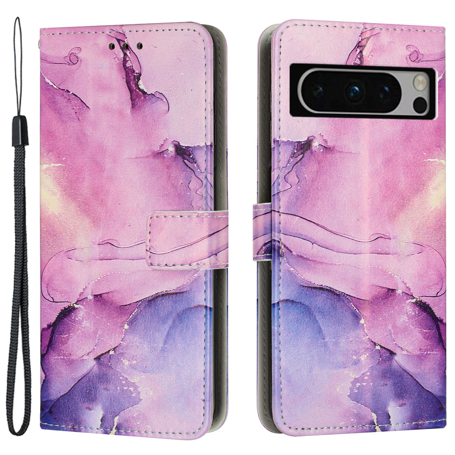 For Google Pixel 8 Pro Marble Pattern Mobile Phone PU Leather Case Wallet Stand Cover with Wrist Strap