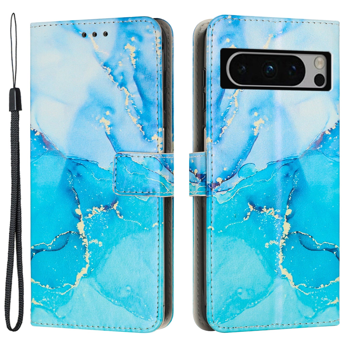 For Google Pixel 8 Pro Marble Pattern Mobile Phone PU Leather Case Wallet Stand Cover with Wrist Strap