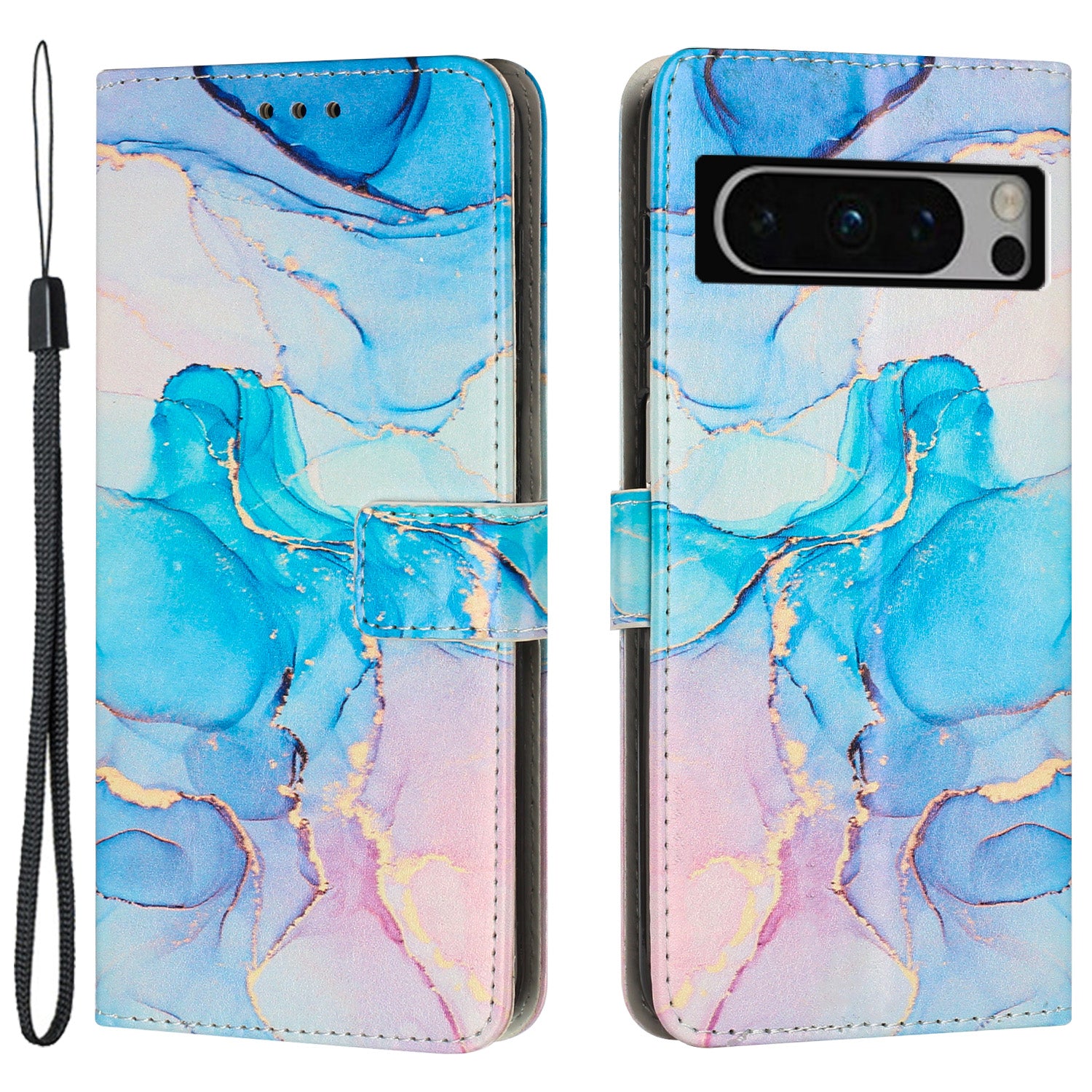 For Google Pixel 8 Pro Marble Pattern Mobile Phone PU Leather Case Wallet Stand Cover with Wrist Strap