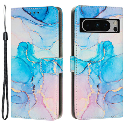 For Google Pixel 8 Pro Marble Pattern Mobile Phone PU Leather Case Wallet Stand Cover with Wrist Strap