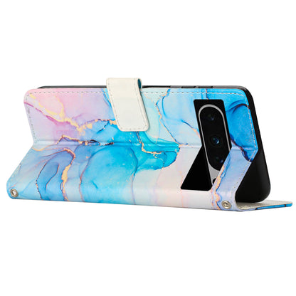For Google Pixel 8 Pro Marble Pattern Mobile Phone PU Leather Case Wallet Stand Cover with Wrist Strap