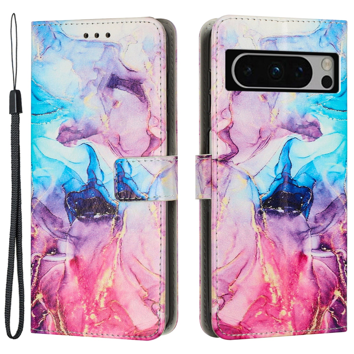 For Google Pixel 8 Pro Marble Pattern Mobile Phone PU Leather Case Wallet Stand Cover with Wrist Strap