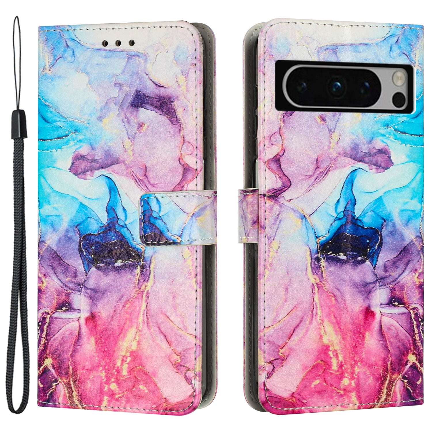 For Google Pixel 8 Pro Marble Pattern Mobile Phone PU Leather Case Wallet Stand Cover with Wrist Strap