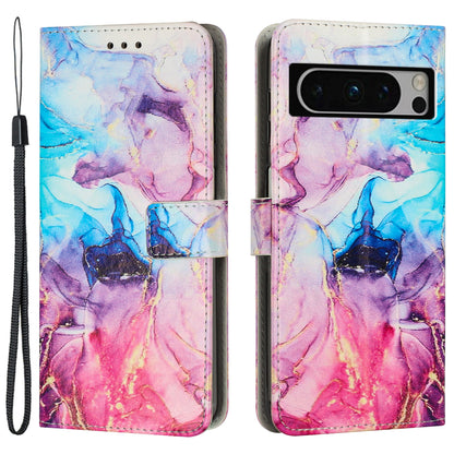 For Google Pixel 8 Pro Marble Pattern Mobile Phone PU Leather Case Wallet Stand Cover with Wrist Strap
