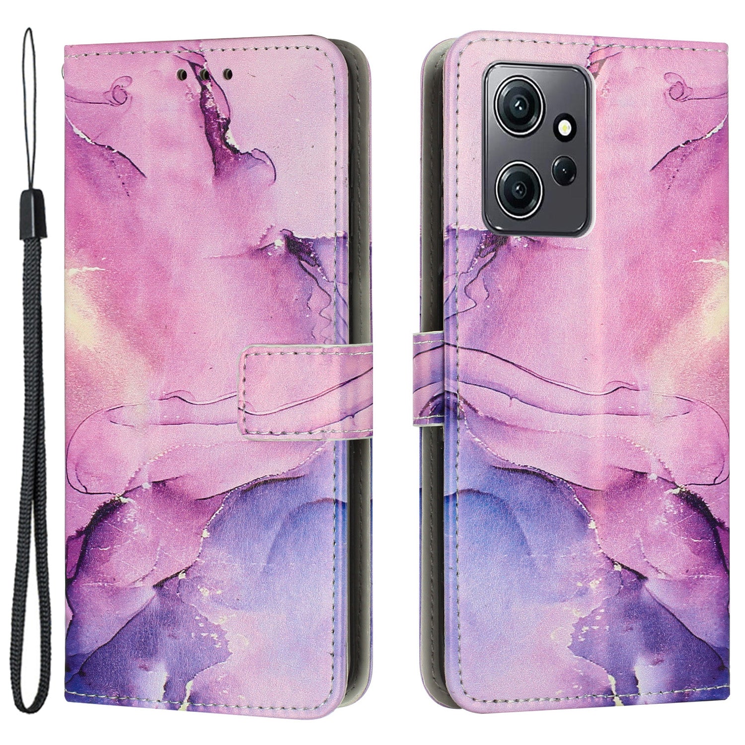 Phone Case for Xiaomi Redmi Note 12 4G Marble Pattern PU Leather Wallet Stand Cover with Wrist Strap