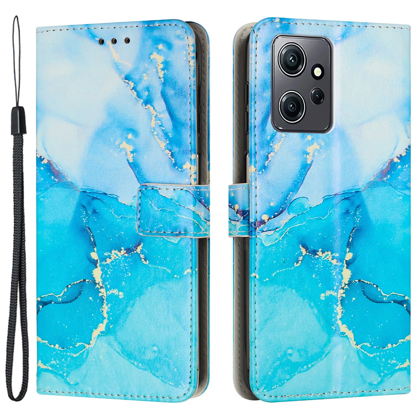 Phone Case for Xiaomi Redmi Note 12 4G Marble Pattern PU Leather Wallet Stand Cover with Wrist Strap