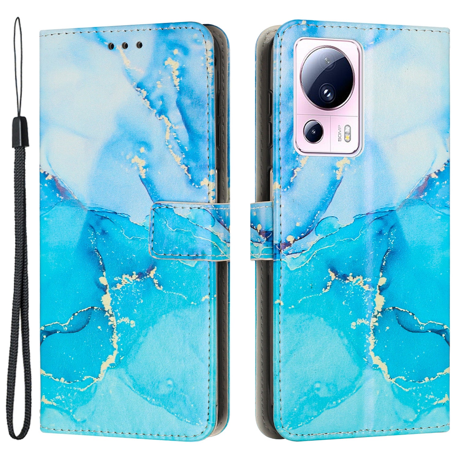 Phone Wallet Case for Xiaomi 13 Lite / Civi 2 5G Marble Pattern PU Leather Stand Cover with Wrist Strap