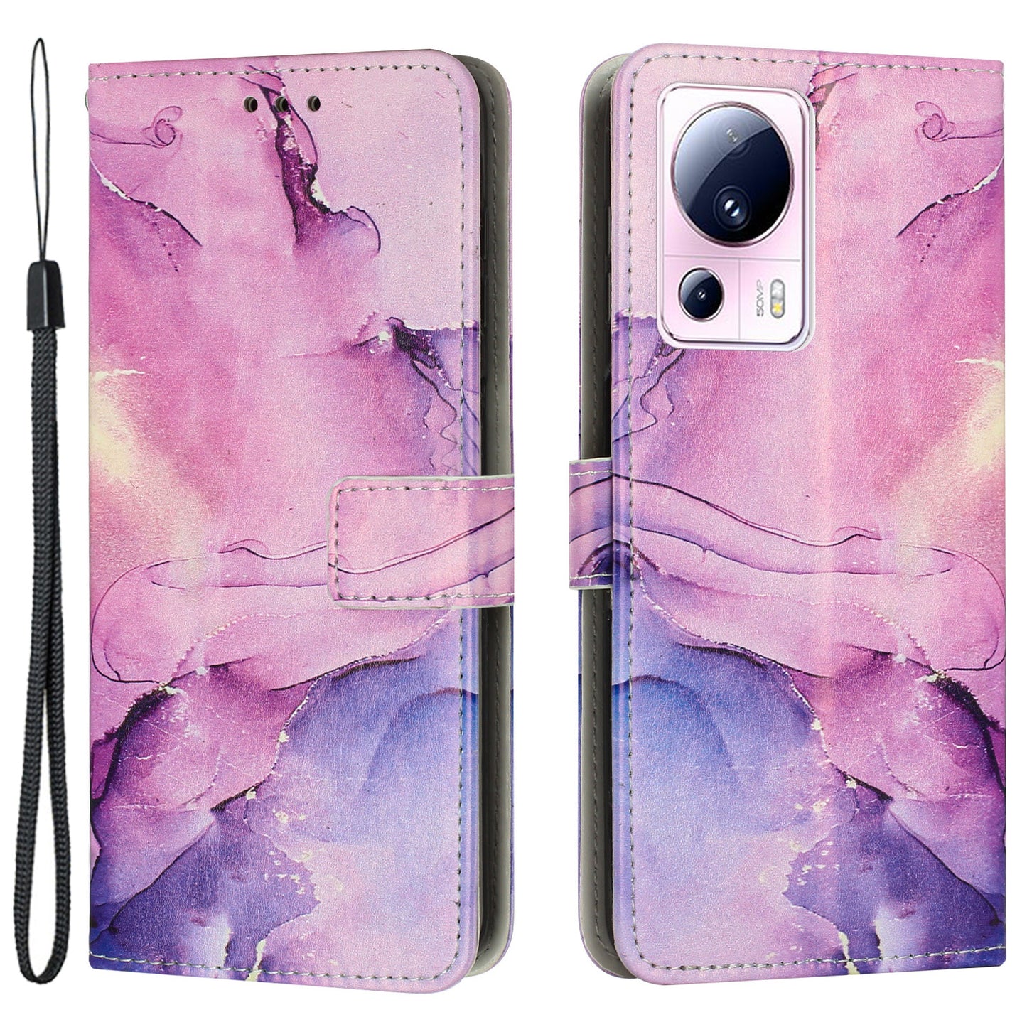 Phone Wallet Case for Xiaomi 13 Lite / Civi 2 5G Marble Pattern PU Leather Stand Cover with Wrist Strap