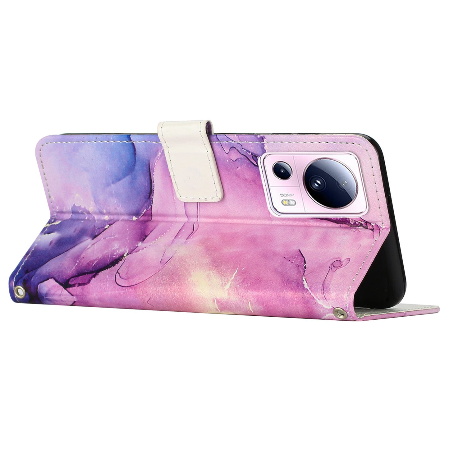 Phone Wallet Case for Xiaomi 13 Lite / Civi 2 5G Marble Pattern PU Leather Stand Cover with Wrist Strap