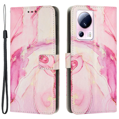 Phone Wallet Case for Xiaomi 13 Lite / Civi 2 5G Marble Pattern PU Leather Stand Cover with Wrist Strap