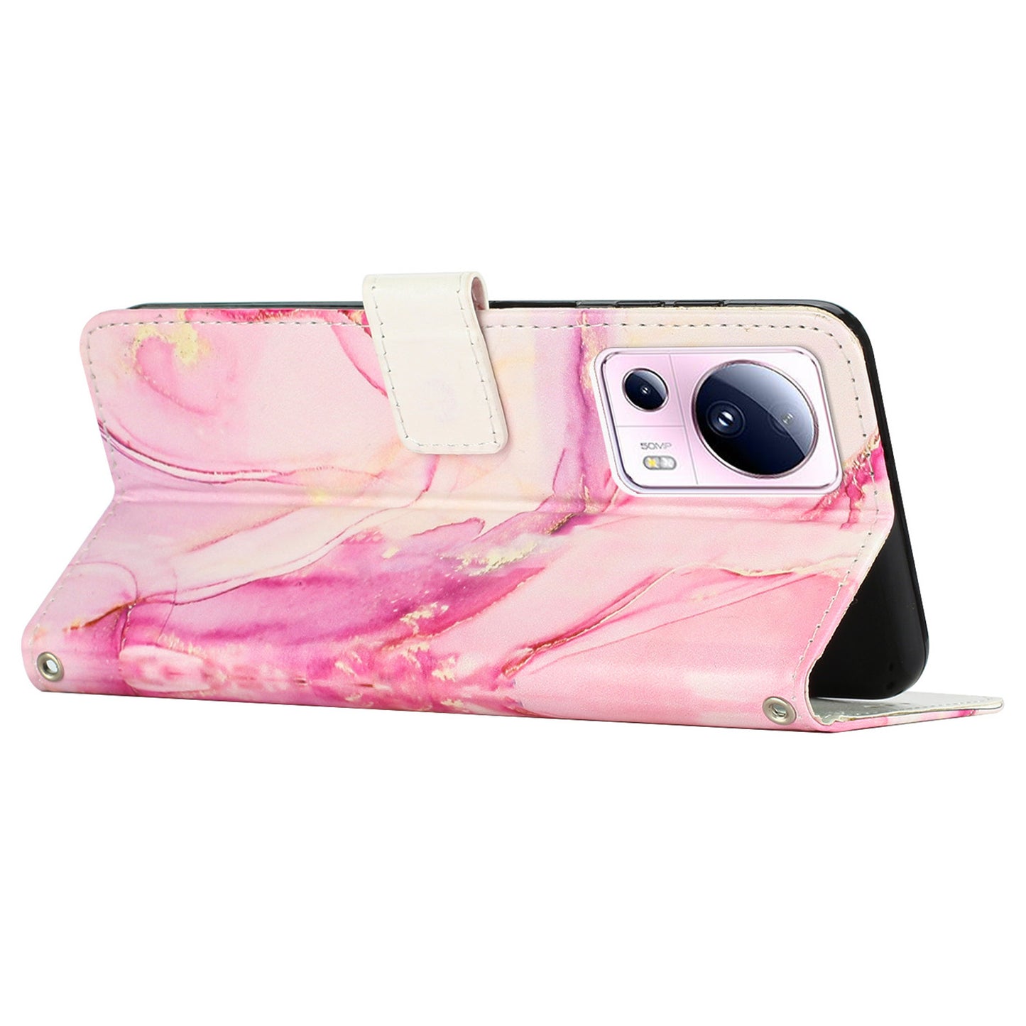 Phone Wallet Case for Xiaomi 13 Lite / Civi 2 5G Marble Pattern PU Leather Stand Cover with Wrist Strap