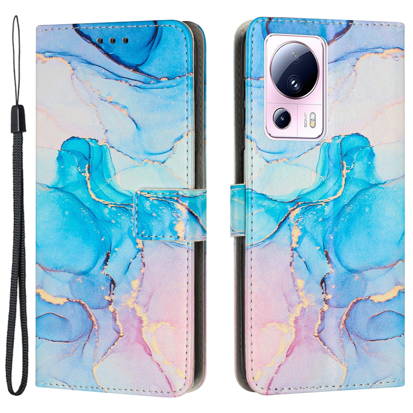 Phone Wallet Case for Xiaomi 13 Lite / Civi 2 5G Marble Pattern PU Leather Stand Cover with Wrist Strap