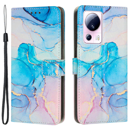 Phone Wallet Case for Xiaomi 13 Lite / Civi 2 5G Marble Pattern PU Leather Stand Cover with Wrist Strap