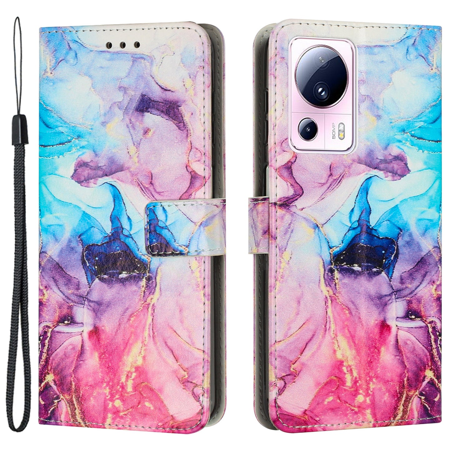 Phone Wallet Case for Xiaomi 13 Lite / Civi 2 5G Marble Pattern PU Leather Stand Cover with Wrist Strap