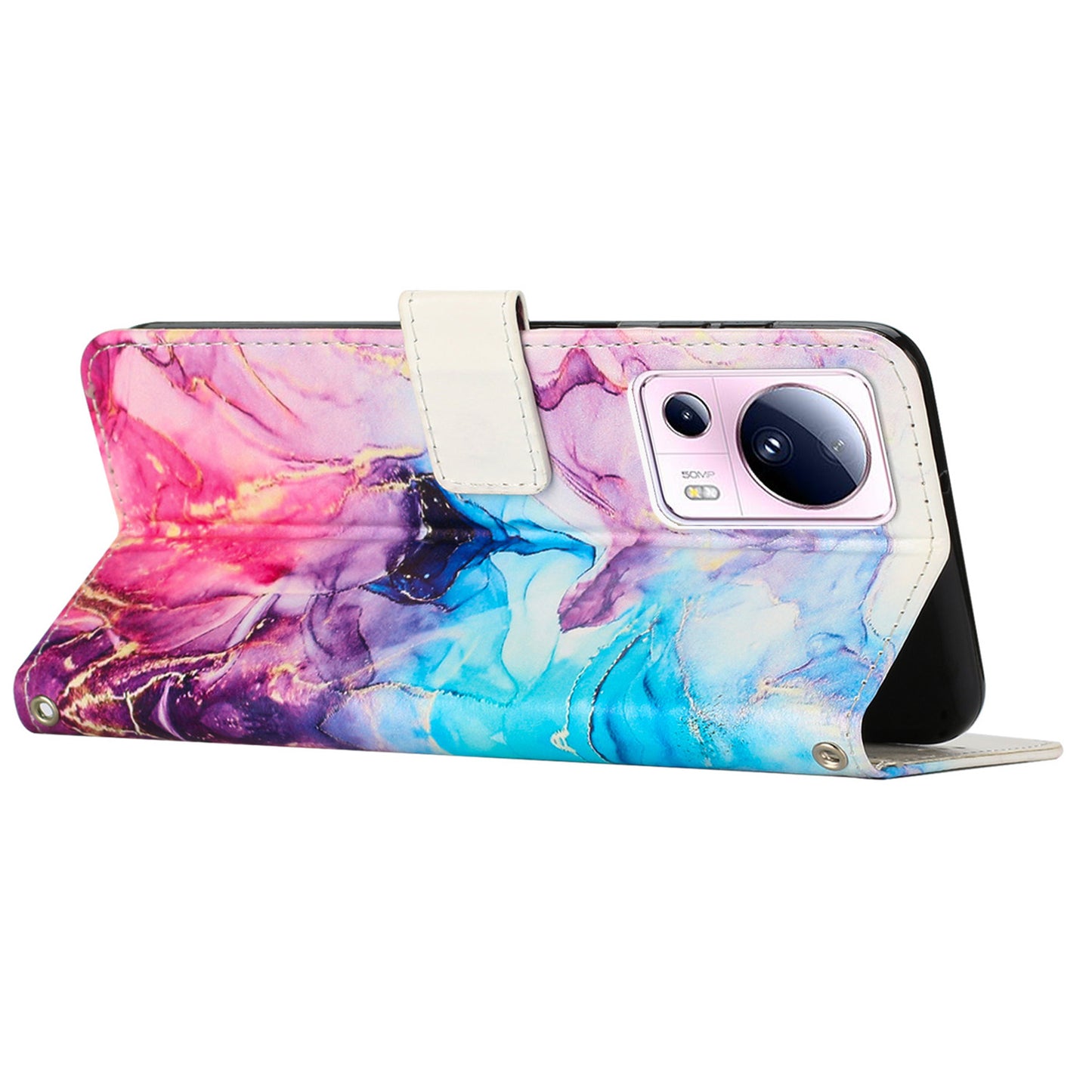 Phone Wallet Case for Xiaomi 13 Lite / Civi 2 5G Marble Pattern PU Leather Stand Cover with Wrist Strap