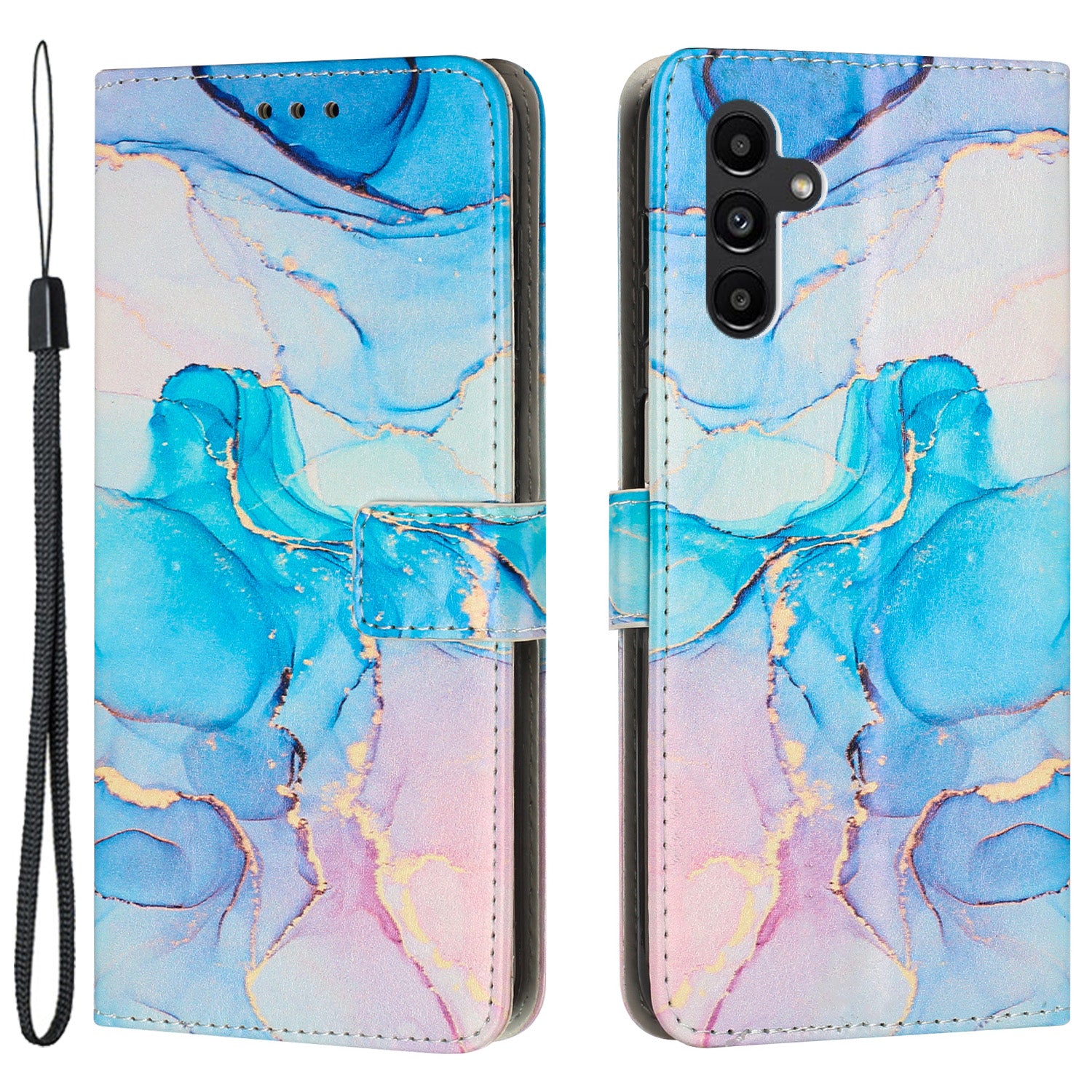 For Samsung Galaxy A24 4G Phone Wallet Case Marble Pattern PU Leather Stand Cover with Wrist Strap