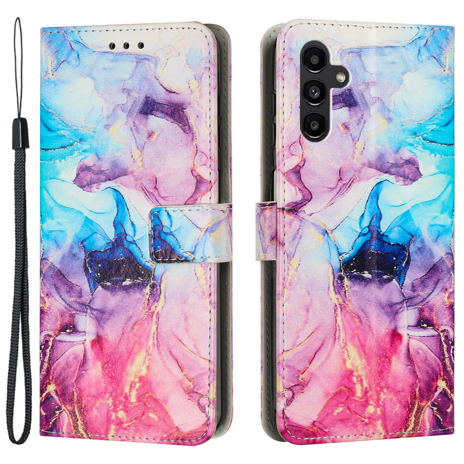 For Samsung Galaxy A24 4G Phone Wallet Case Marble Pattern PU Leather Stand Cover with Wrist Strap