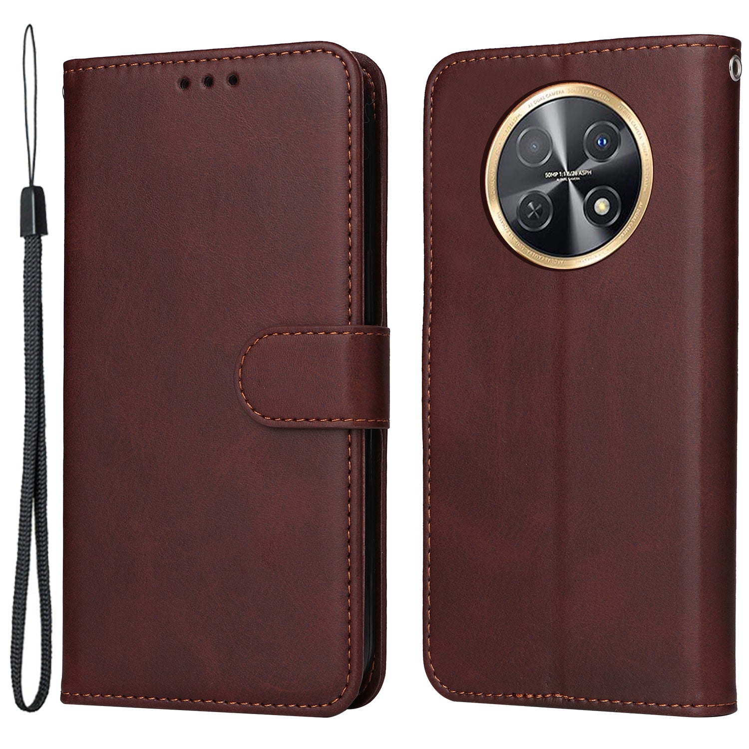 For Huawei Enjoy 60X Calf Texture Leather Case Wallet Stand Cell Phone Cover with Strap
