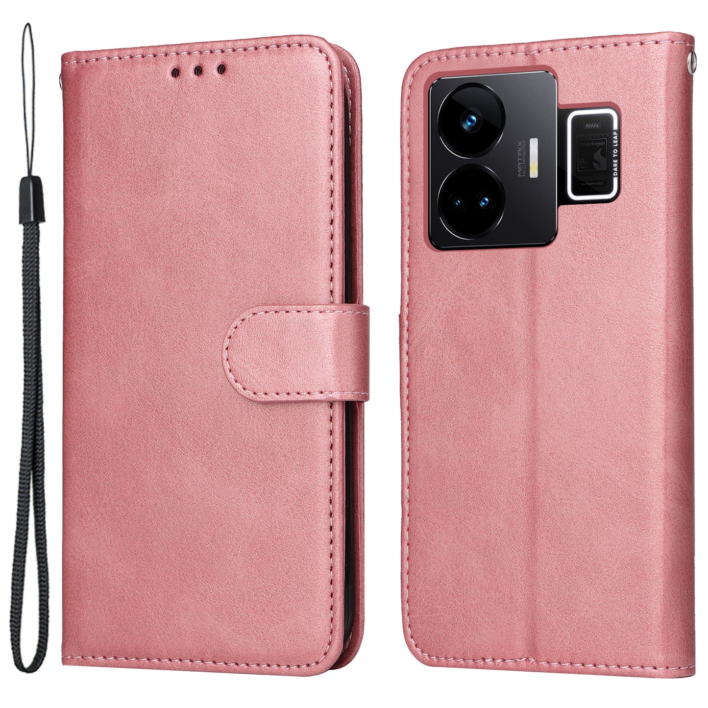 Cell Phone Cover for Realme GT Neo 5 5G / GT3 5G Calf Texture Leather Wallet Stand Case with Strap