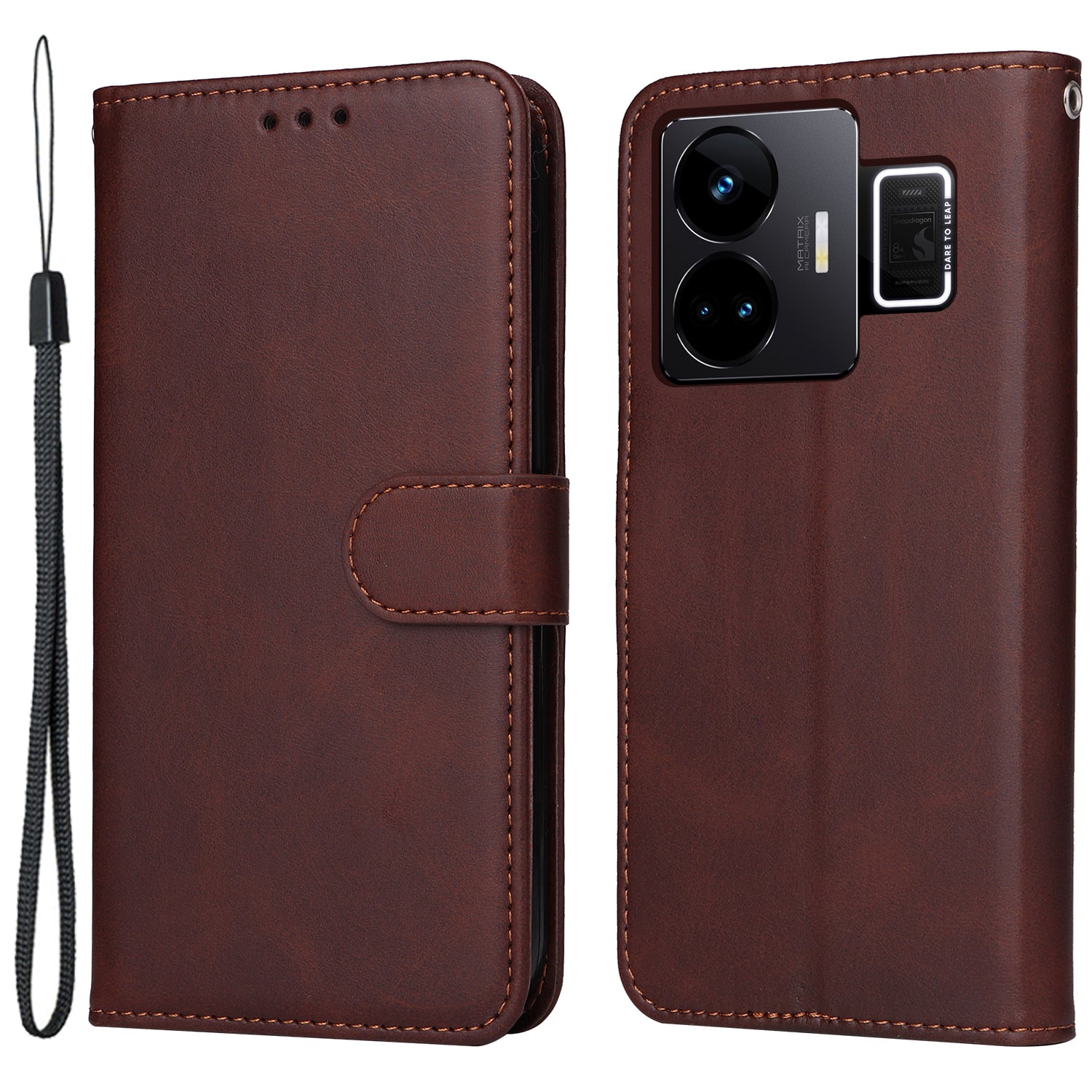 Cell Phone Cover for Realme GT Neo 5 5G / GT3 5G Calf Texture Leather Wallet Stand Case with Strap