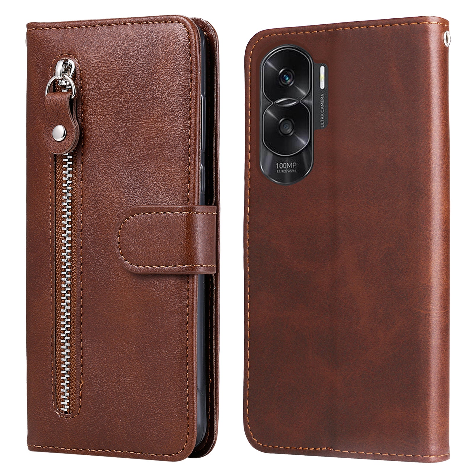 For Honor X50i 5G / 90 Lite 5G Zipper Pocket Phone Case Stand Shell Calf Texture Dustproof Wallet Smartphone Cover