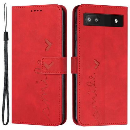 Folio Stand Shell for Google Pixel 7a Heart Shape Imprinted PU Leather Phone Wallet Flip Case