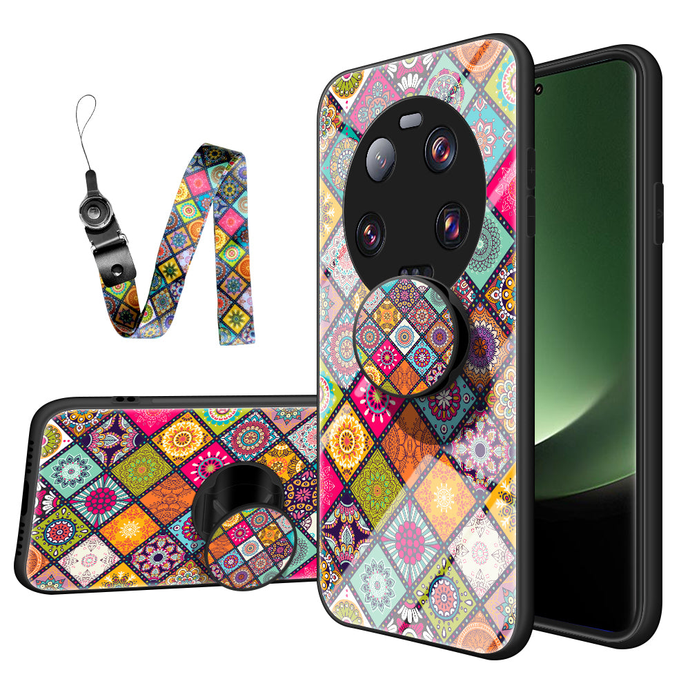 PC+TPU+Tempered Glass Kickstand Case for Xiaomi 13 Ultra , Flower Pattern Smartphone Cover with Lanyard