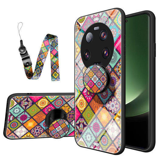 PC+TPU+Tempered Glass Kickstand Case for Xiaomi 13 Ultra , Flower Pattern Smartphone Cover with Lanyard