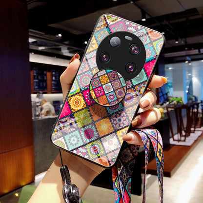 PC+TPU+Tempered Glass Kickstand Case for Xiaomi 13 Ultra , Flower Pattern Smartphone Cover with Lanyard