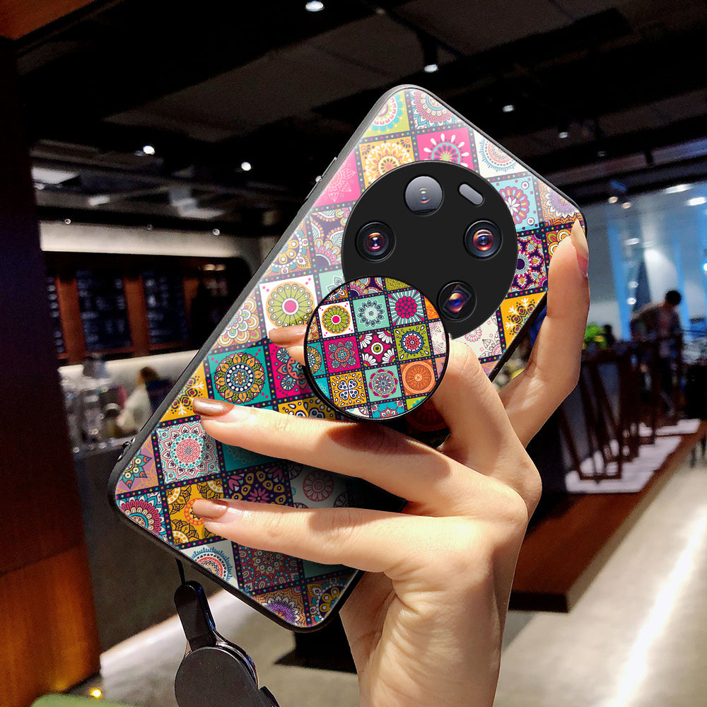 PC+TPU+Tempered Glass Kickstand Case for Xiaomi 13 Ultra , Flower Pattern Smartphone Cover with Lanyard