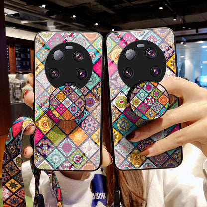 PC+TPU+Tempered Glass Kickstand Case for Xiaomi 13 Ultra , Flower Pattern Smartphone Cover with Lanyard