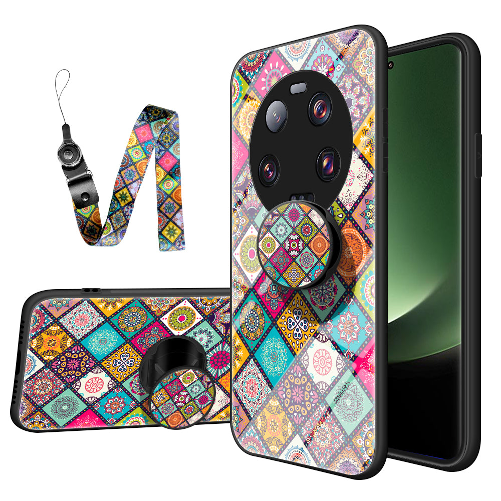 PC+TPU+Tempered Glass Kickstand Case for Xiaomi 13 Ultra , Flower Pattern Smartphone Cover with Lanyard