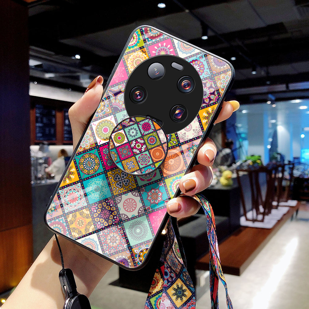 PC+TPU+Tempered Glass Kickstand Case for Xiaomi 13 Ultra , Flower Pattern Smartphone Cover with Lanyard